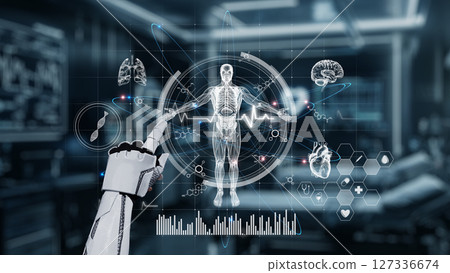 Close up of robot hand pointing and clicking at human anatomy icon. Salubrious. 127336674
