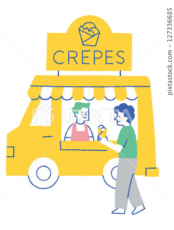 Men lining up at a mobile crepe shop_color 127336685