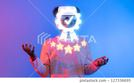 Woman with a glowing quality assurance badge, symbolizing client satisfaction and effective management of service standards in technology-driven environments XDMCP 127336695