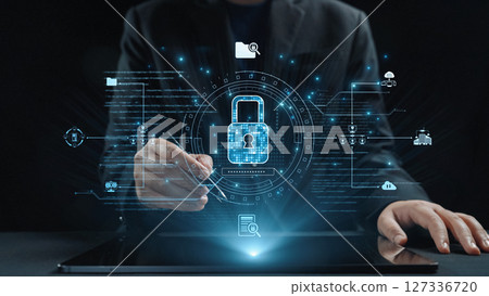 Futuristic Technology Concept of Data Security and Privacy Protection with Digital Lock Symbol and User Interface Elements in Black Background. Qubit Futuristic Technology Concept of Data Security and Privacy Protection with Digital Lock Symbol and User Interface Elements in Black Background. Qubit 127336720