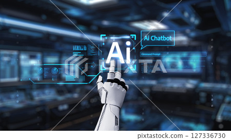 Futuristic Robot Interface Touching AI Chatbot Icon in High-Tech Control Room with Data Visualizations and Advanced Technology Display Elements. Auvana 127336730