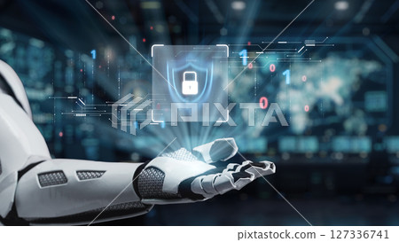 Futuristic Robot Hand Projecting Digital Security Shield Icon on Background of Data and Technology Interface in Modern Cybersecurity Concept. Auvana Futuristic Robot Hand Projecting Digital Security Shield Icon on Background of Data and Technology Interface in Modern Cybersecurity Concept. Auvana 127336741