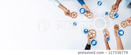 Collaborative Teamwork and Management Representation with Gears and Icons for Business Strategy and Process Improvement. Amity 127336779