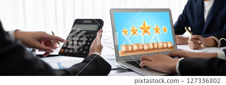 Analyst team working on data analysis dashboard on laptop screen. Insight 127336802