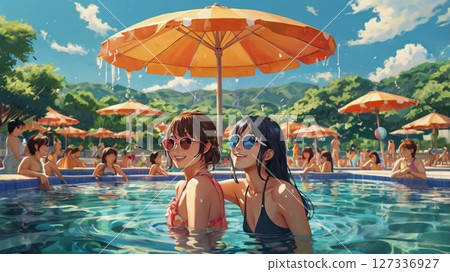 Under the scorching sun, splashes of water and sounds of laughter burst forth, a moment of brilliance carved out by these 20-something girls running through the midsummer heat of youth. 127336927