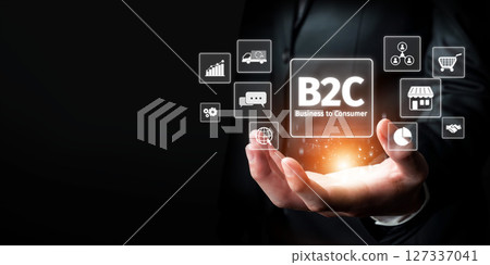 Business to Consumer Concept with Digital Icons Representing B2C Transactions and AI Technologies in a Modern Business Setting XDMCP Business to Consumer Concept with Digital Icons Representing B2C Transactions and AI Technologies in a Modern Business Setting XDMCP 127337041