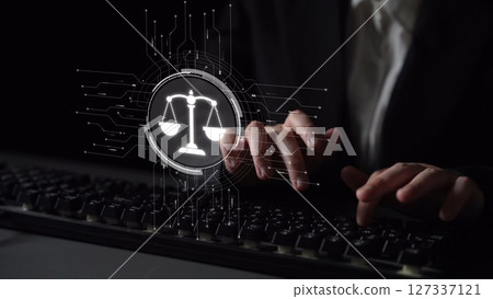 Digital law interface displaying justice scale, highlighting digital law Muxer Digital law interface displaying justice scale, highlighting digital law Muxer 127337121