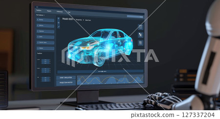 Electric car design software on computer screen show simulation blueprint brisk 127337204