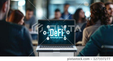 Decentralized finance or DeFi concept on brisk computer screen 127337277