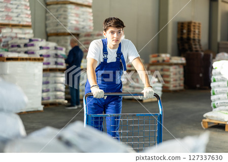 Guy worker carries pushes cart trolley for cargo transportation. 127337630