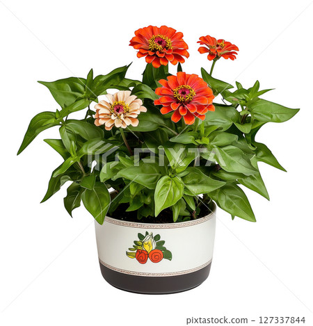 Stylish Zinnia plant with vibrant orange and pink flowers in decorative pot. This beautiful arrangement adds cheerful touch to any 127337844