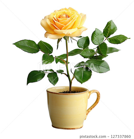 beautiful yellow rose plant in yellow cup, showcasing vibrant petals and lush green leaves, perfect for adding touch of elegance beautiful yellow rose plant in yellow cup, showcasing vibrant petals and lush green leaves, perfect for adding touch of elegance 127337860