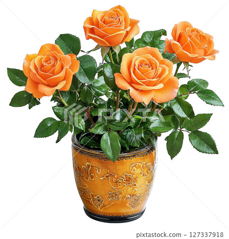 Beautiful orange rose plant in decorative pot, showcasing vibrant blooms and lush green leaves, perfect for home decor or gifting 127337918