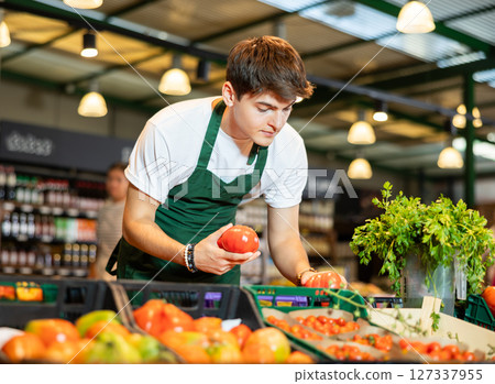 Skilled young seller arranging ripe red tomatoes on vegetable counter Skilled young seller arranging ripe red tomatoes on vegetable counter 127337955