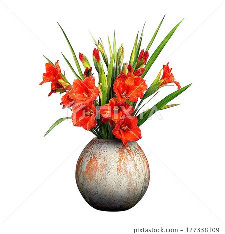 Stylish and vibrant Gladiolus flowers in decorative vase, showcasing their rich red hues and lush green leaves, perfect for adding 127338109