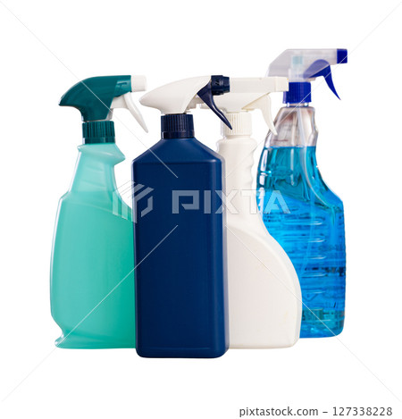 Cleaning sprays on shelf in household chemical store 127338228