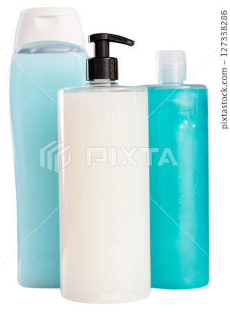 Hair and body shampoo or shower gel on household supermarket shelf 127338286