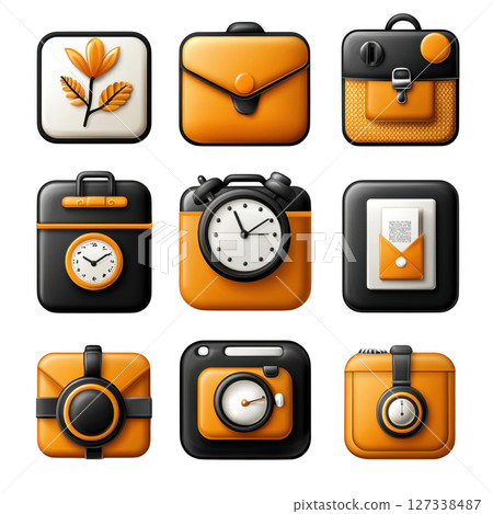 Stylish collection of orange and black rounded square icons featuring various designs like clock, envelope, and bag. Perfect for 127338487