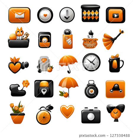 Collection of orange and black rounded square icons featuring various designs like hearts, umbrellas, and clocks, creating vibrant 127338488