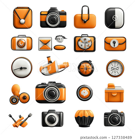 Collection of orange and black rounded square icons featuring various items like cameras, bags, and clocks, showcasing modern 127338489