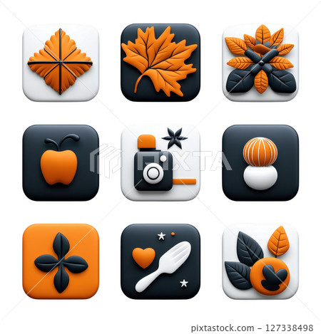 Collection of orange and black rounded square icons featuring nature and food themes, including leaves, fruits, and photography 127338498
