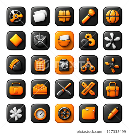 Collection of orange and black rounded square icons featuring various tools and objects, including scissors, camera, and globe, 127338499