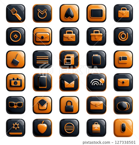 Collection of rounded square icons in orange and black, featuring various symbols like utensils, briefcases, and envelopes, 127338501