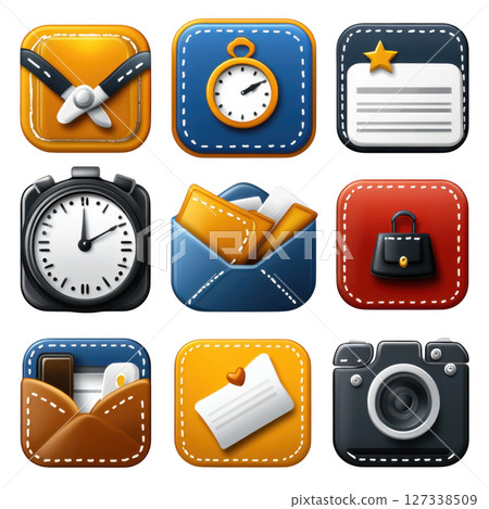 Colorful rounded square icons featuring various symbols like seatbelt, clock, document, envelope, handbag, and camera, conveying 127338509