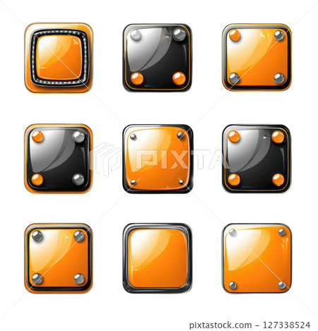 Bright orange and black rounded square icons arranged in grid pattern, showcasing modern design with glossy finishes and metallic 127338524
