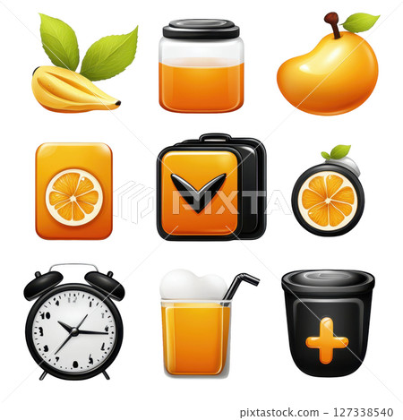 Fresh fruits and beverages in vibrant orange and black icons, featuring mango, guava, juice, and more. Perfect for food and drink 127338540