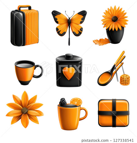 Bright orange and black icons featuring suitcase, butterfly, sunflowers, mugs, and kitchen utensils create vibrant collection. 127338541