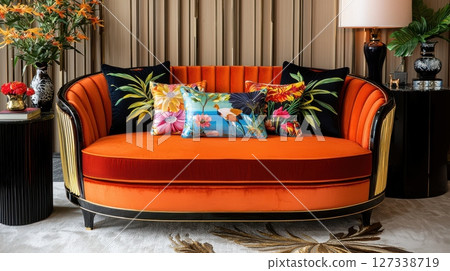 Vibrant Orange Sofa Surrounded by Tropical Decor in Elegant Living Room Setting 127338719