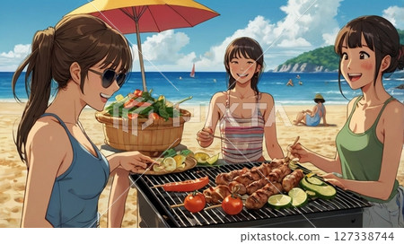 The midsummer sun and sea breeze make for a perfect day for a barbecue, with women in their 20s laughing on the beach. 127338744