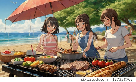 The midsummer sun and sea breeze make for a perfect day for a barbecue, with women in their 20s laughing on the beach. The midsummer sun and sea breeze make for a perfect day for a barbecue, with women in their 20s laughing on the beach. 127338765