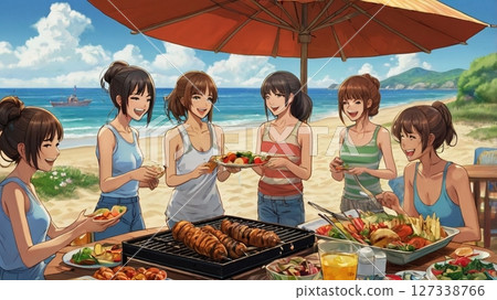 盛夏的陽光和海風，是燒烤的好日子，20多歲的女性在海灘上歡笑。 127338766