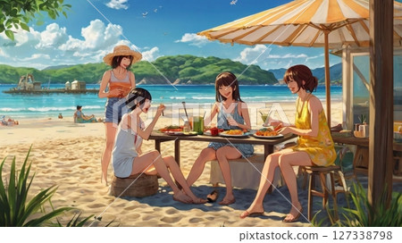 盛夏的陽光和海風，是燒烤的好日子，20多歲的女性在海灘上歡笑。 127338798