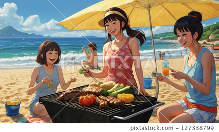 The midsummer sun and sea breeze make for a perfect day for a barbecue, with women in their 20s laughing on the beach. The midsummer sun and sea breeze make for a perfect day for a barbecue, with women in their 20s laughing on the beach. 127338799