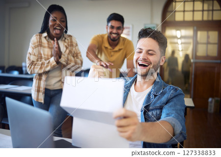 Happy students, university and reading results, document and letter with success for exam, test report and education goals. College, friends and achievement on paper, notes or scholarship information 127338833