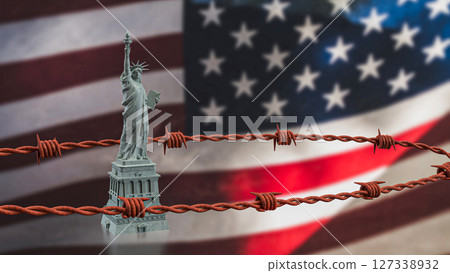The Statue of liberty and barbed wire on America flag 3d Rendering. The Statue of liberty and barbed wire on America flag 3d Rendering. 127338932