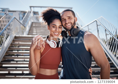 Happy, fitness and portrait of a couple in the city, training support and workout smile in Spain. Cardio love, happiness and athlete man and woman with affection during running outdoor exercise Happy, fitness and portrait of a couple in the city, training support and workout smile in Spain. Cardio love, happiness and athlete man and woman with affection during running outdoor exercise 127339004