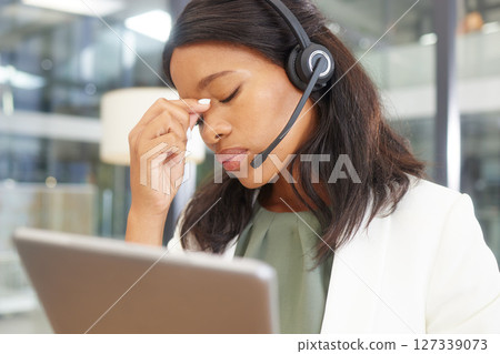 Headache, anxiety and call center woman on laptop with telemarketing stress, fail or mental health problem. Depression, burnout or tired tech financial advisor or consultant frustrated, angry or sad Headache, anxiety and call center woman on laptop with telemarketing stress, fail or mental health problem. Depression, burnout or tired tech financial advisor or consultant frustrated, angry or sad 127339073