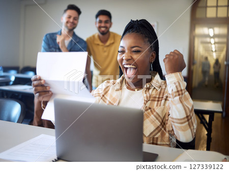 University, black woman or students with scholarship success, reading exam feedback or school loan. Happy, smile or friends for education goals, college test report or achievement letter in classroom 127339122