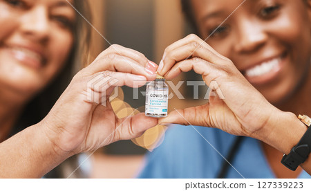 Covid vaccine, heart and hands of people in nursing home for support of medical innovation, medicine product and vial bottle. Corona virus vaccination, healthcare and finger shape for patient healing 127339223
