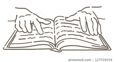 某人正在閱讀的場景的插圖。手和書。簡單的觸感，向量插圖素材。 127339354