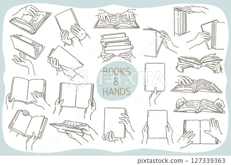 一組閱讀、打開、拿著書等的手的插圖。簡單的觸感，向量插圖素材。 127339363