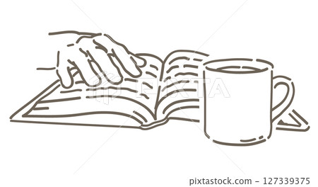 Illustration of a hand holding a book and a cup of coffee. Vector illustration material. 127339375