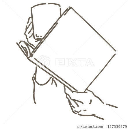 一隻手拿著一本書和一杯咖啡的插圖。向量插圖。 127339379