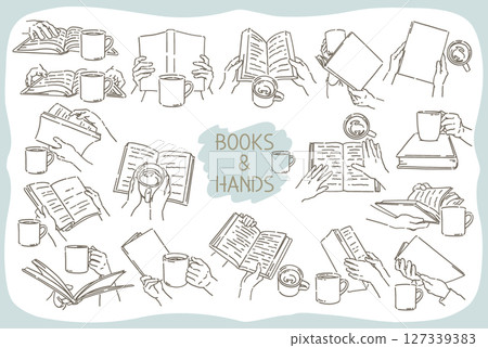 一隻手拿著書和咖啡的插圖。一組簡單的觸感。向量插圖素材。 127339383
