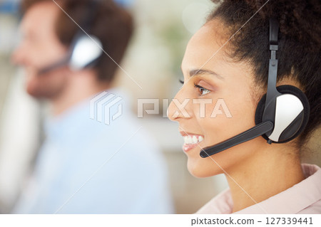 Call center, consulting and communication with business woman for telemarketing, customer service and contact us. Sales, crm and technical support with black woman in help desk agency for networking 127339441