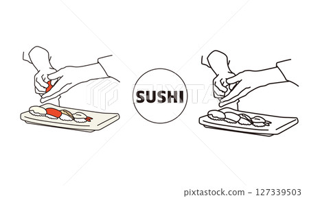 廚師製作壽司的手的線條畫插圖 127339503